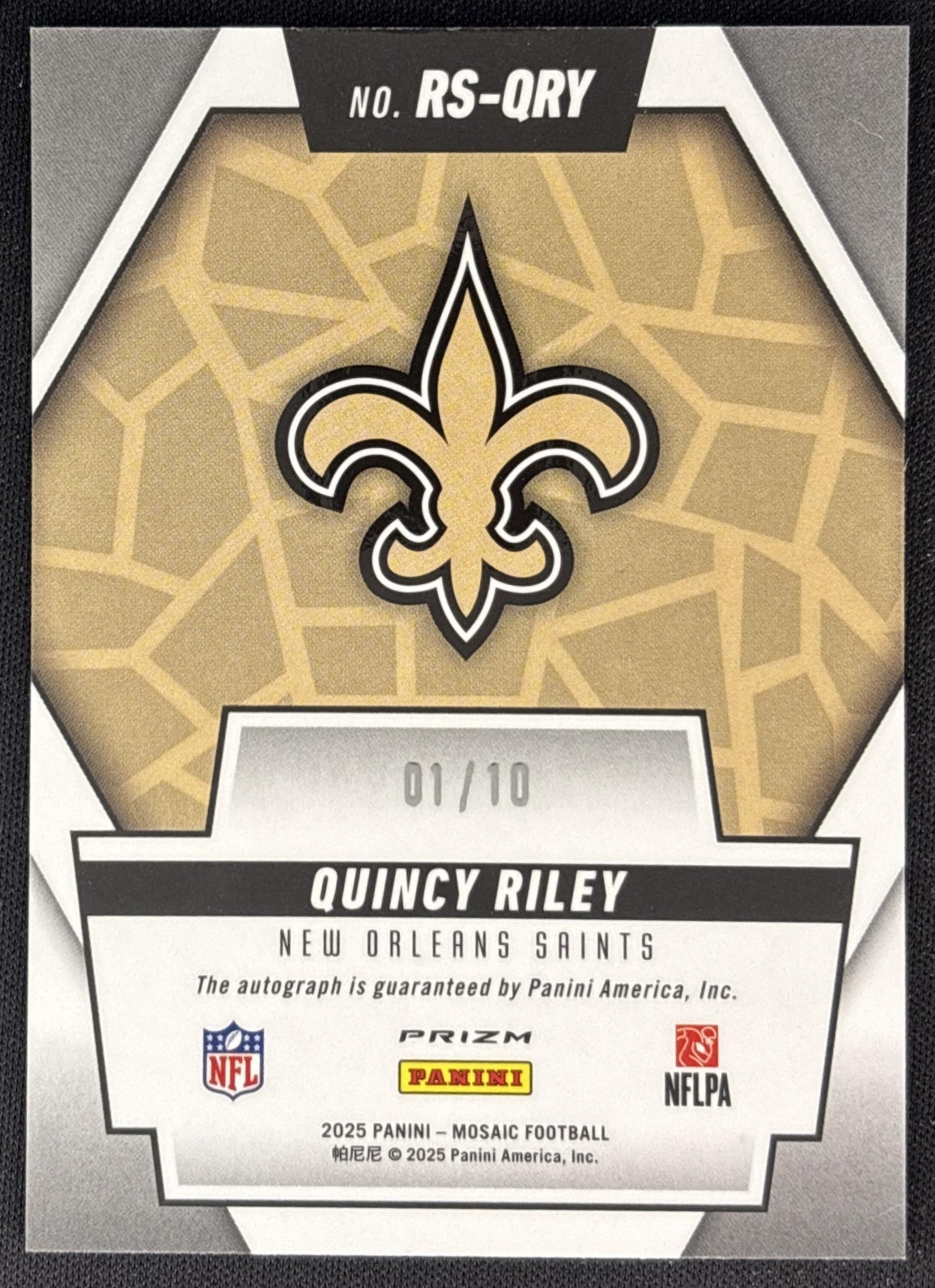 Quincy Riley 2025 Panini Mosaic Rookie Scripts No Huddle Gold Prizm /10 Saints back