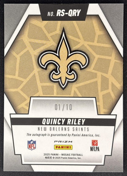 Quincy Riley 2025 Panini Mosaic Rookie Scripts No Huddle Gold Prizm /10 Saints back