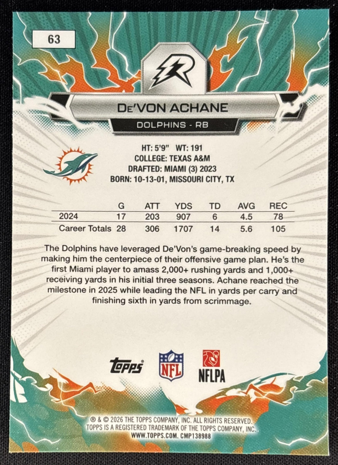 De'Von Achane 2025 Topps Resurgence Dolphins Miami Dolphins back