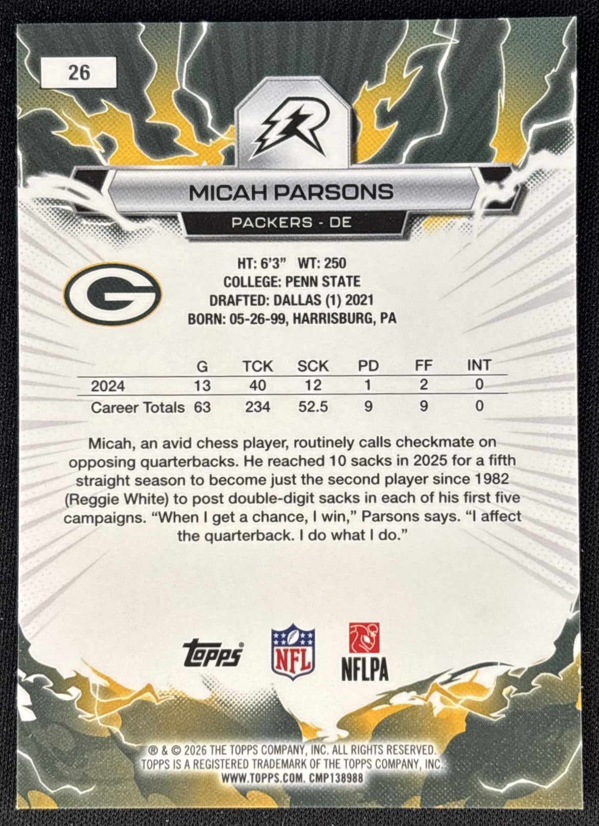 Micah Parsons 2025 Topps Resurgence Packers Green Bay Packers back