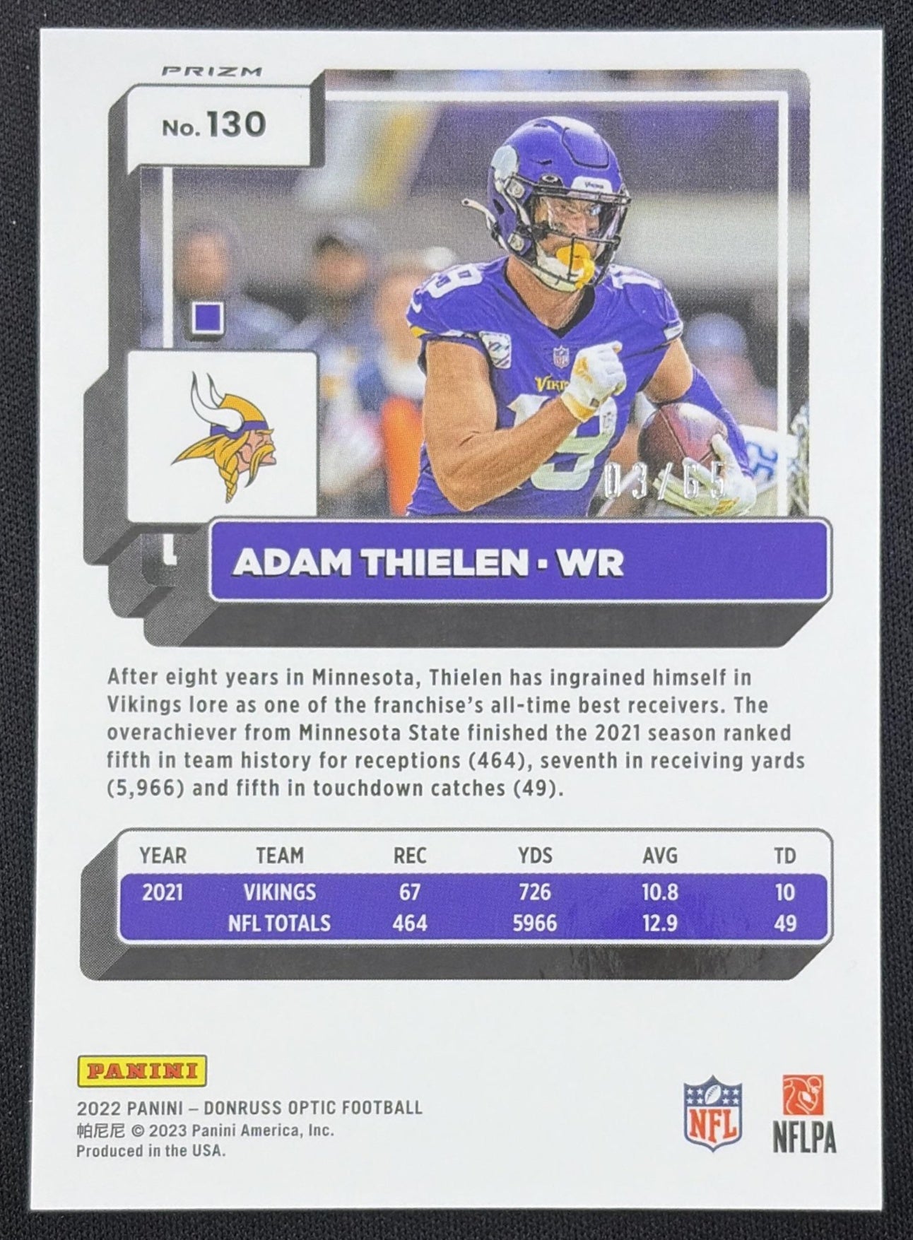 Adam Thielen 2022 Panini Donruss Optic Electricity /65 Vikings