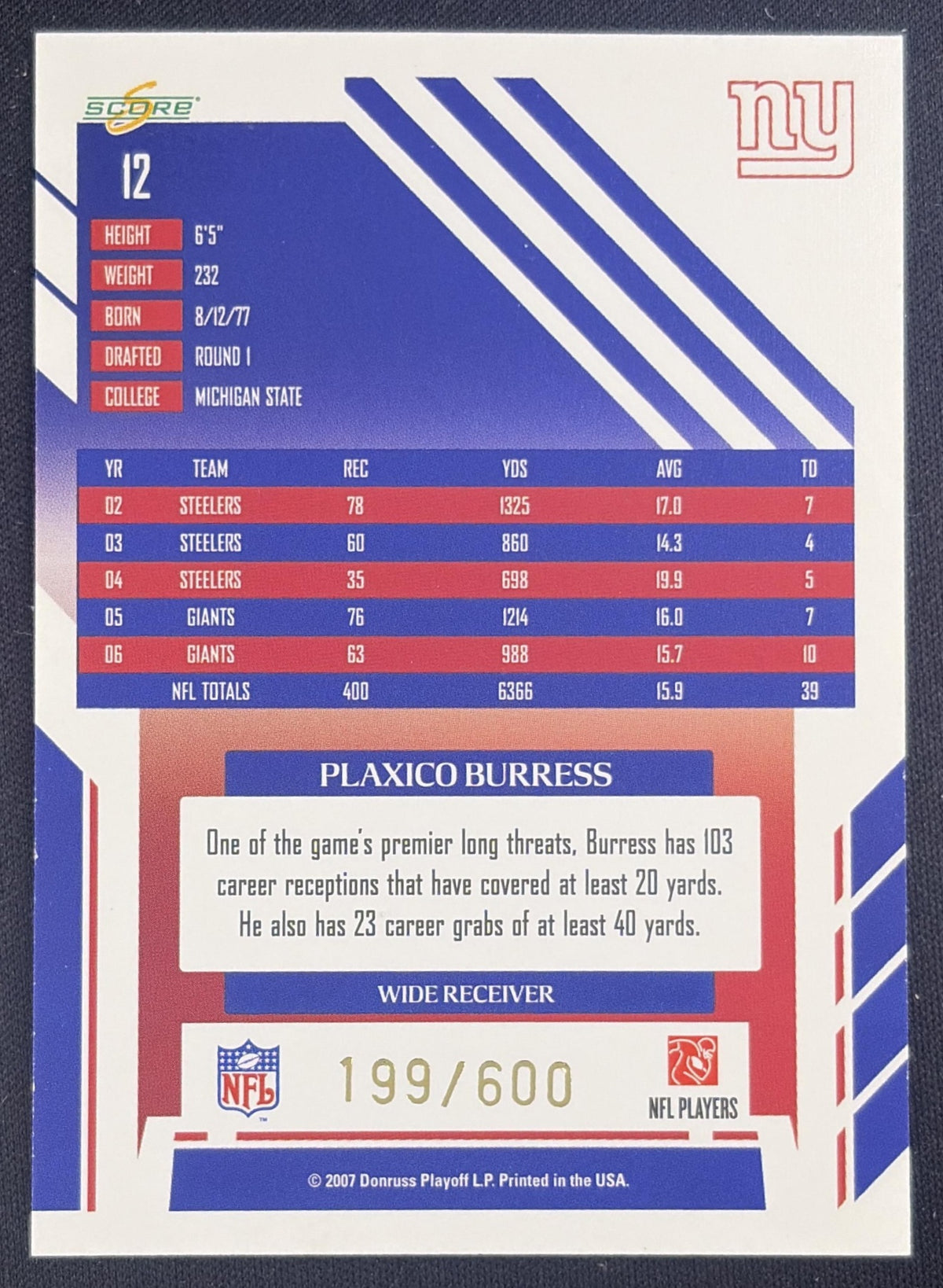 Plaxico Burress 2007 Score Gold Zone /600 Giants