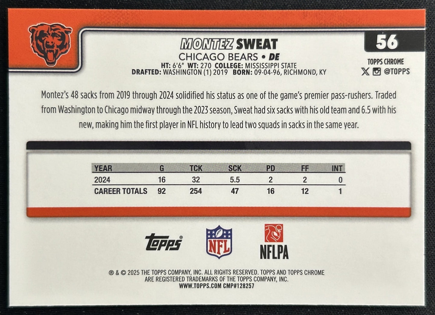 Montez Sweat 2025 Topps Chrome Bears