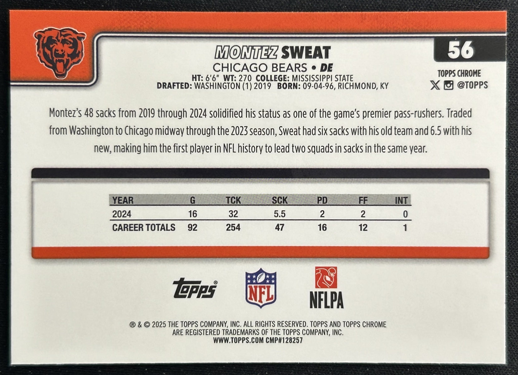 Montez Sweat 2025 Topps Chrome Bears