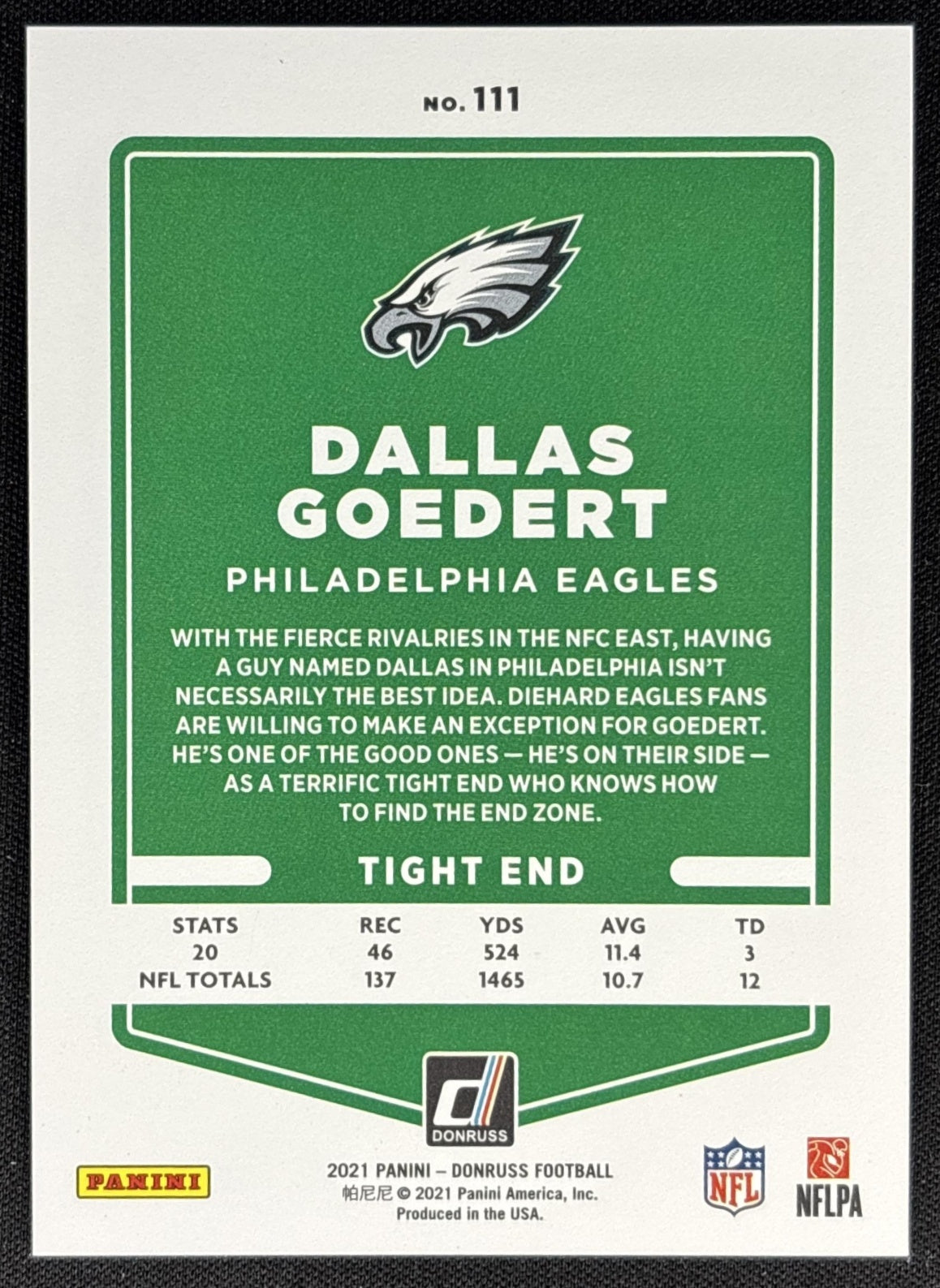 Dallas Goedert 2021 Panini Donruss Press Proof Premium Eagles