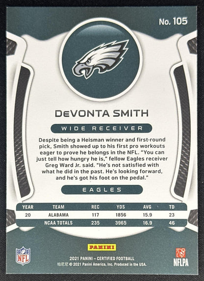 DeVonta Smith 2021 Panini Certified Mirror Orange /149 Eagles Sports Trading Cards