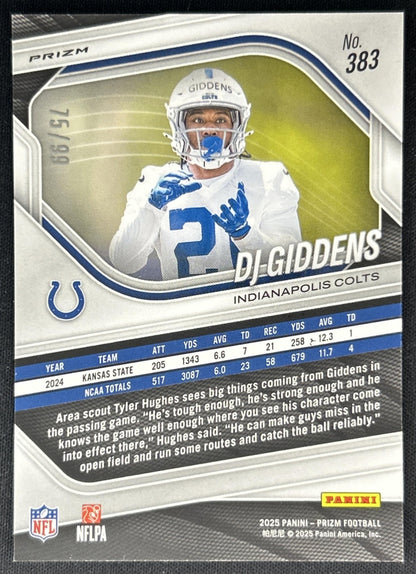 DJ Giddens 2025 Panini Prizm No Huddle Red /99 Colts back