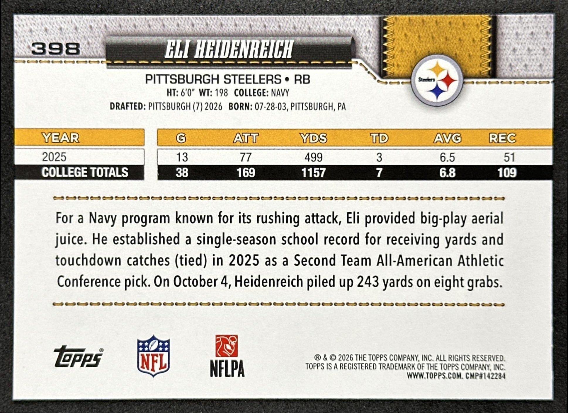 Eli Heidenreich 2026 Topps Flagship Rookie Steelers Sports Trading Cards