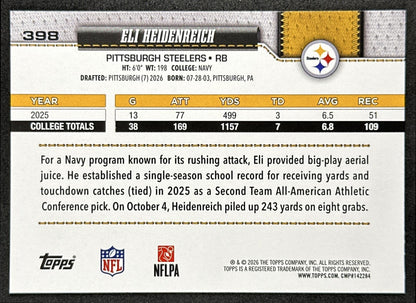 Eli Heidenreich 2026 Topps Flagship Rookie Steelers Sports Trading Cards