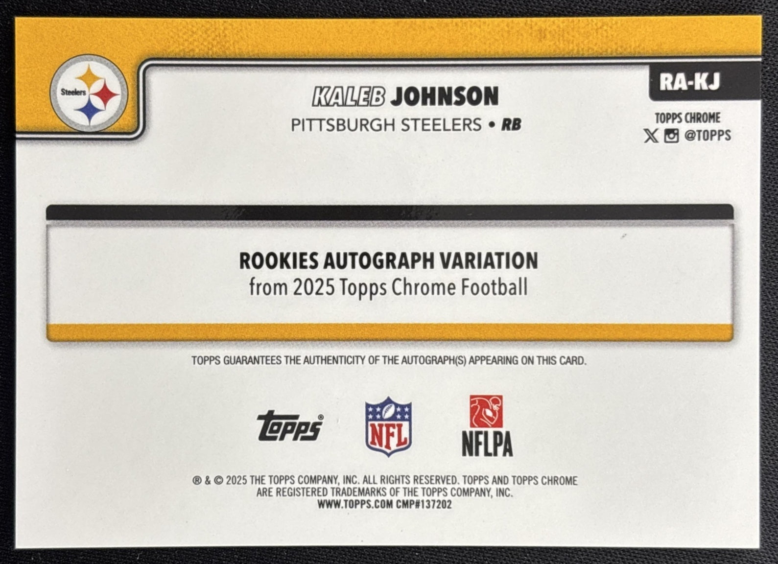 Kaleb Johnson 2025 Topps Chrome Rookie Auto Magenta Refractor /399 Steelers Sports Trading Cards