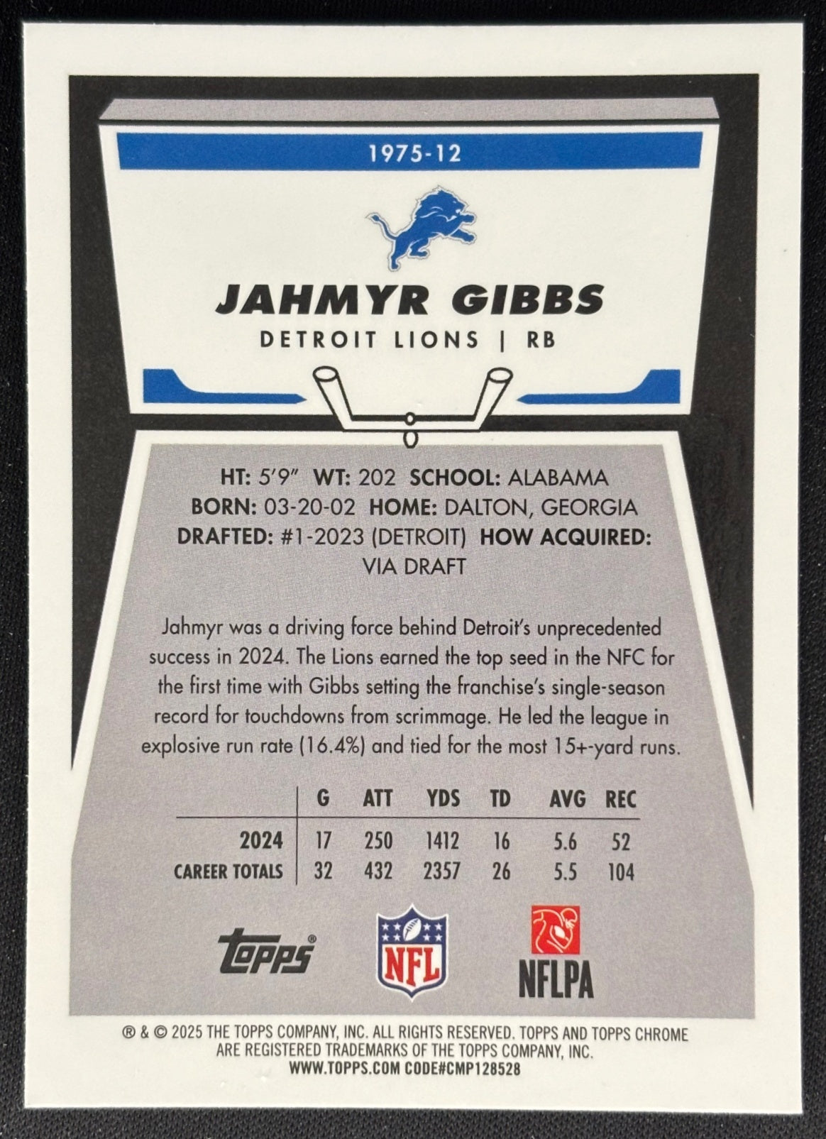 Jahmyr Gibbs 2025 Chrome 1975 Topps Lions Sports Trading Cards