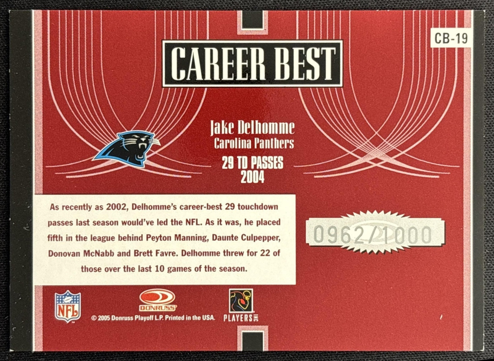 Jake Delhomme 2005 Donruss Elite Career Best Red /1000 Panthers back