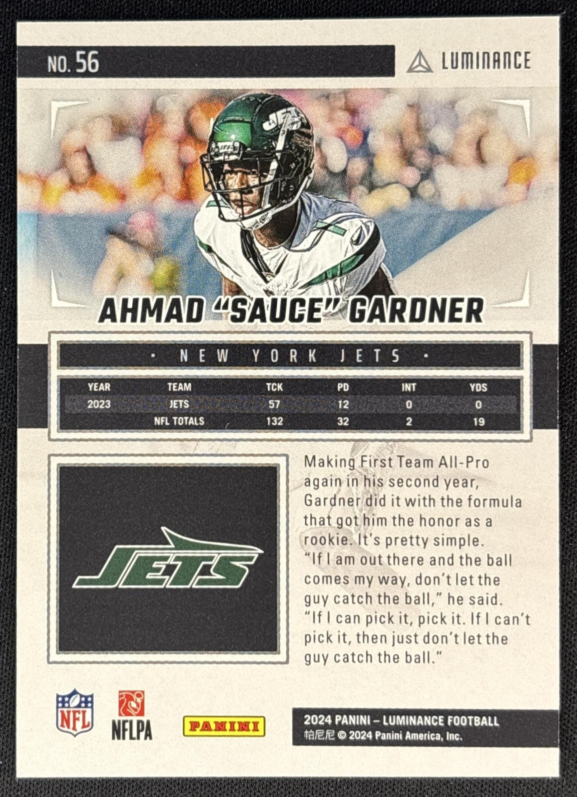 Ahmad "Sauce" Gardner 2024 Panini Luminance Blue /150 Jets Sports Trading Cards