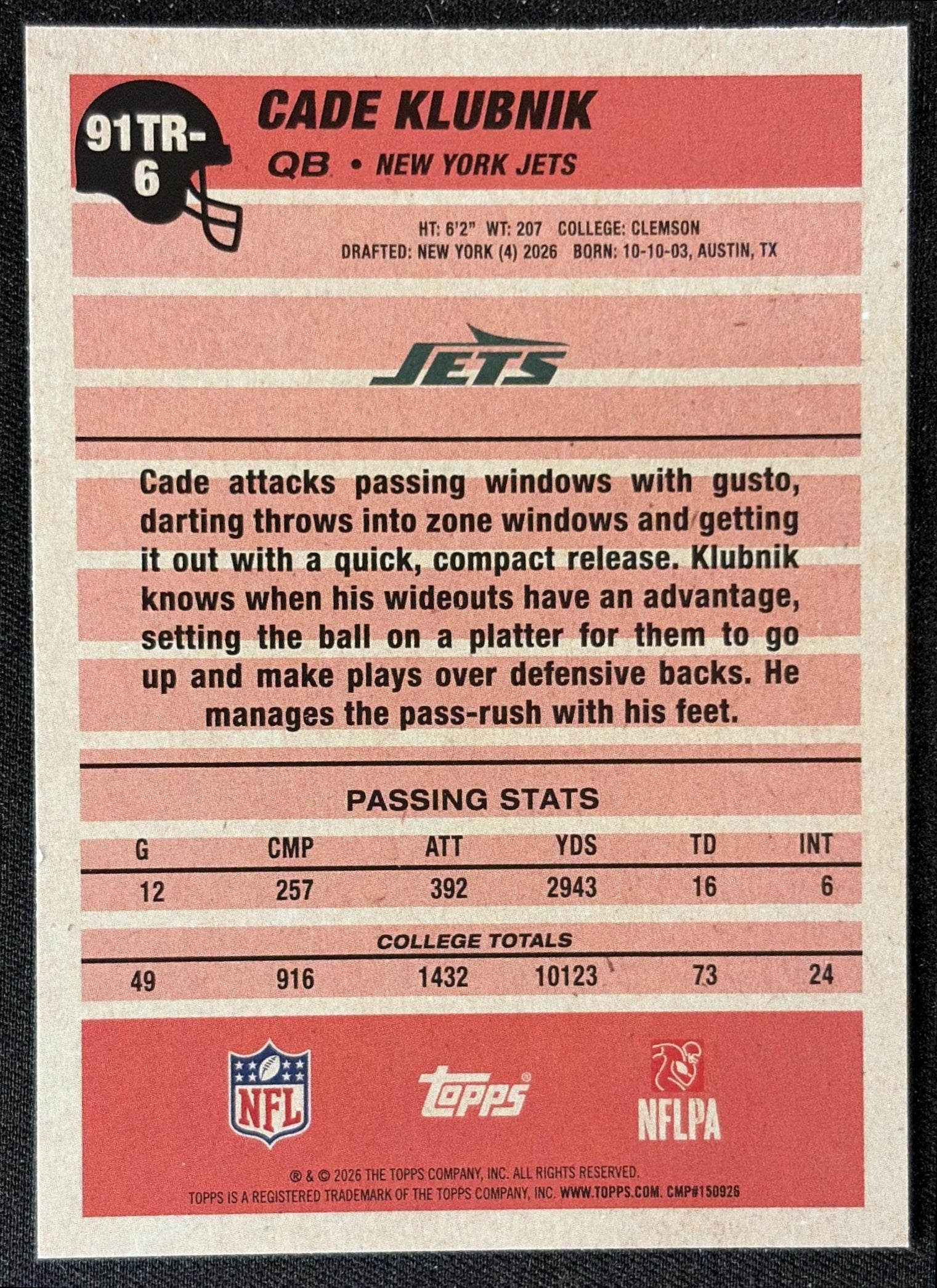 Cade Klubnik 2026 Topps 1991 Rookie Jets back