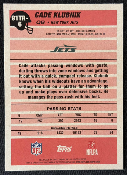 Cade Klubnik 2026 Topps 1991 Rookie Jets back