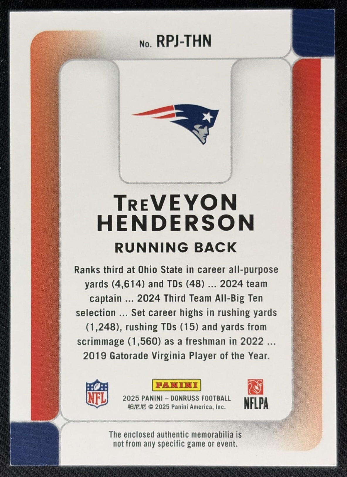 TreVeyon Henderson 2025 Panini Donruss Rookie Phenom Jerseys Patriots back