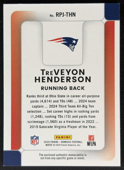 TreVeyon Henderson 2025 Panini Donruss Rookie Phenom Jerseys Patriots back