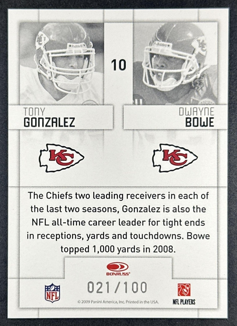 Tony Gonzalez Dwayne Bowe 2009 Donruss Threads Generations Century Proof /100 Chiefs back