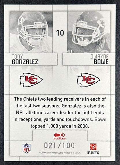 Tony Gonzalez Dwayne Bowe 2009 Donruss Threads Generations Century Proof /100 Chiefs back