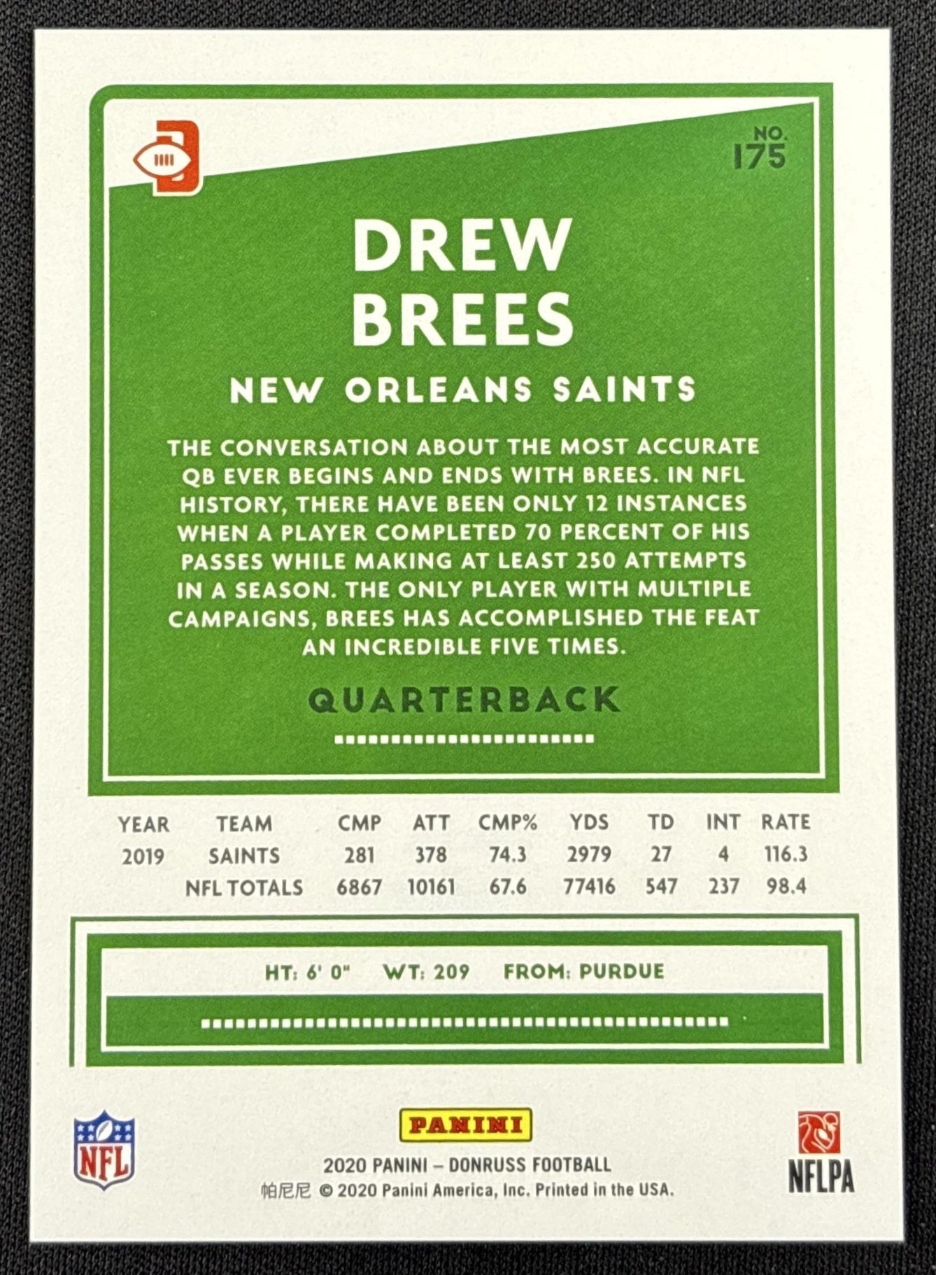 Drew Brees 2020 Panini Donruss Press Proof Silver /100 Saints - back