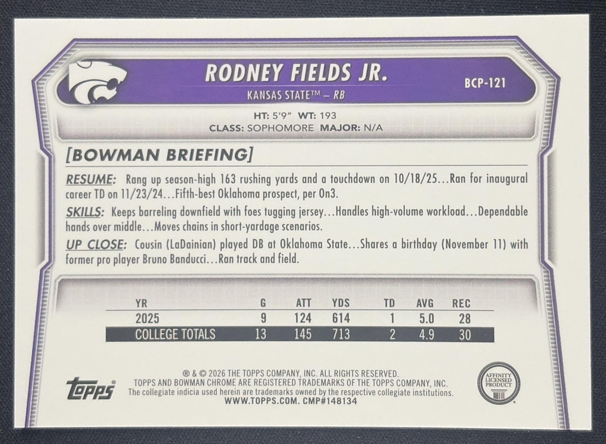 Rodney Fields Jr. 2026 Bowman Chrome Prospects Mojo Refractor Wildcats