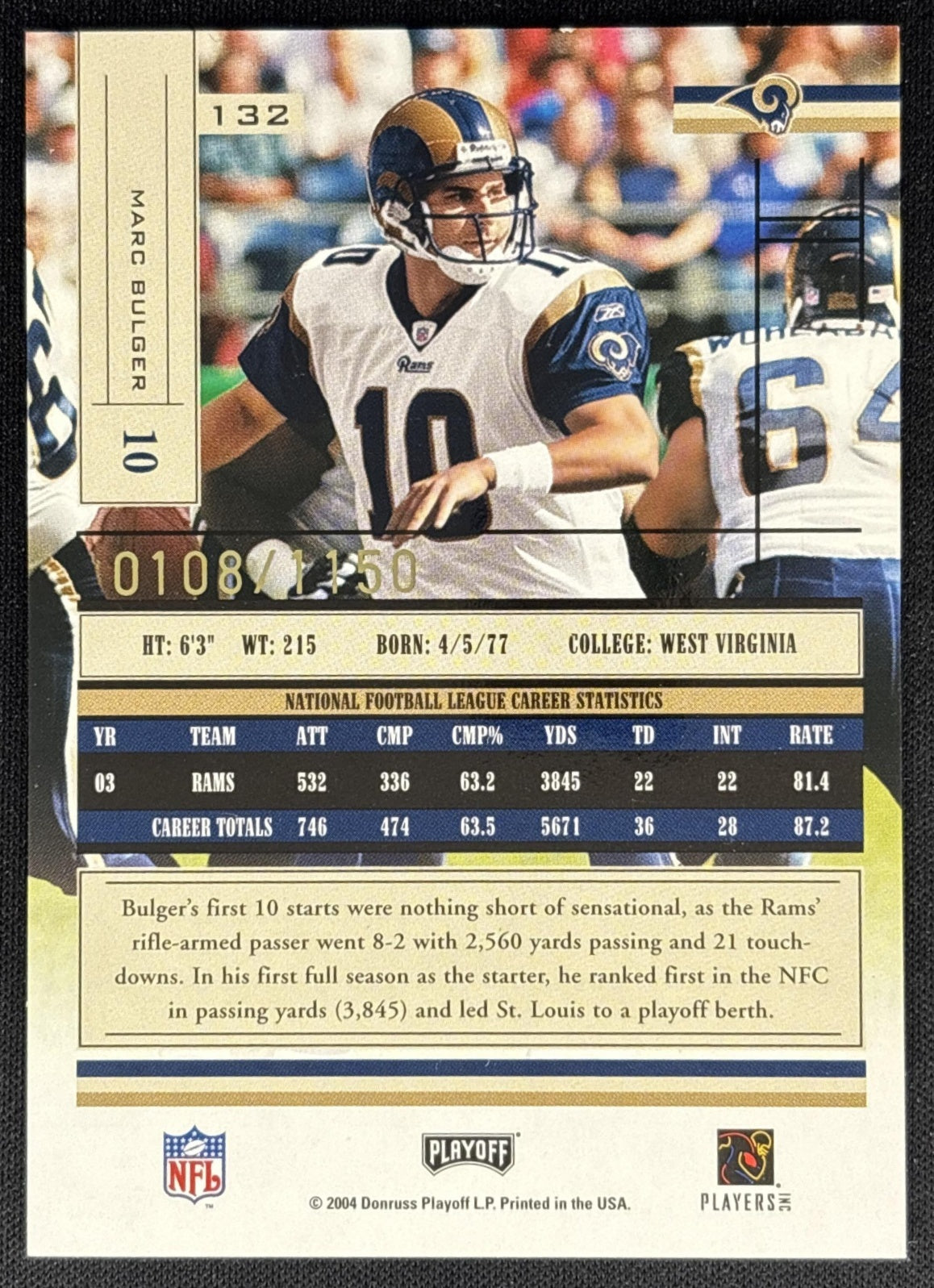 Marc Bulger 2004 Playoff Absolute Memorabilia /1150 Rams back