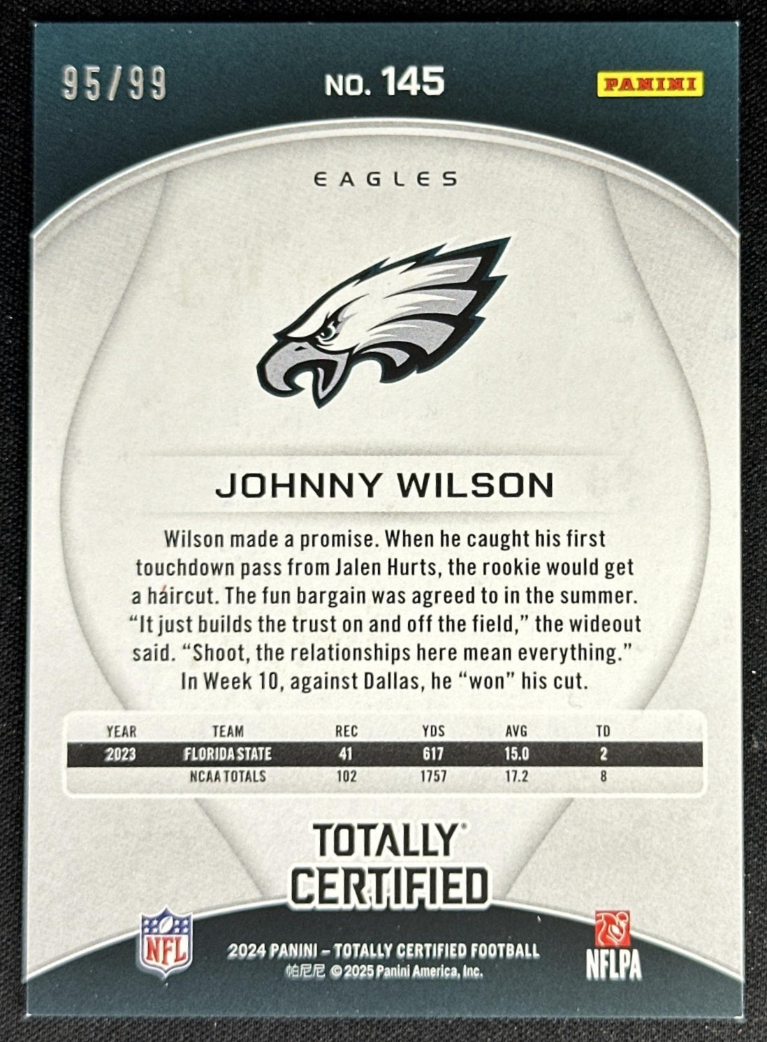Johnny Wilson 2024 Totally Certified Rookies Mirror Platinum Orange /99 Eagles
