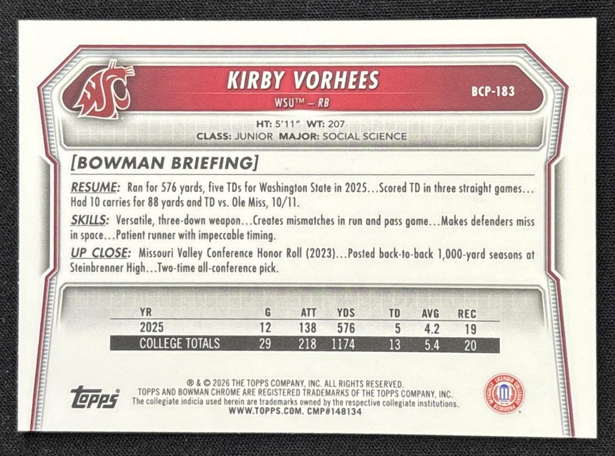 Kirby Vorhees 2026 Bowman Chrome Prospects Pink Refractor /250 Cougars Sports Trading Card