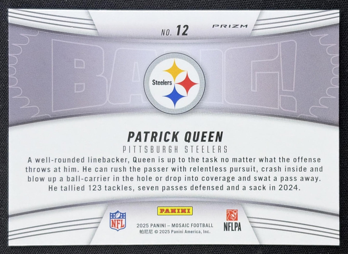 Patrick Queen 2025 Panini Mosaic Bang! Green Prizm Steelers