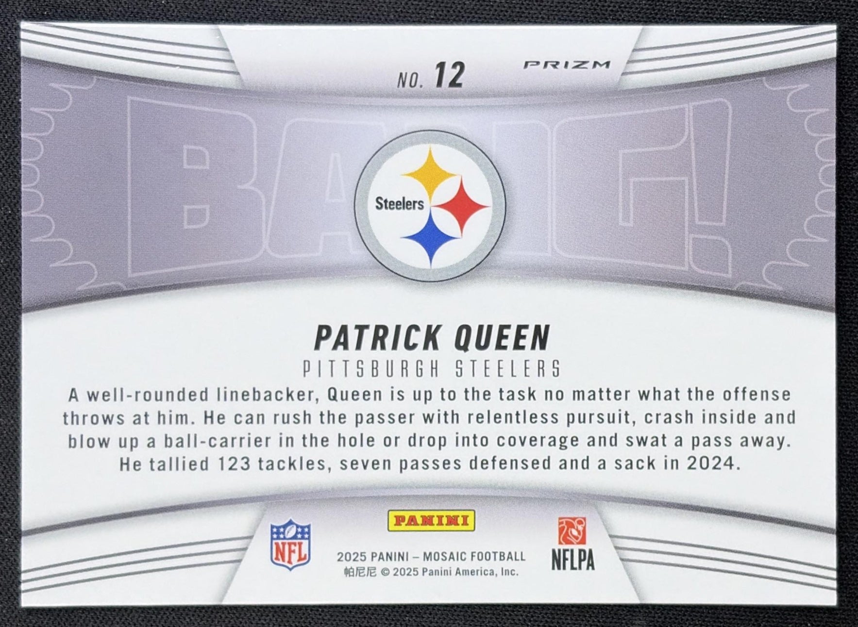 Patrick Queen 2025 Panini Mosaic Bang! Green Prizm Steelers