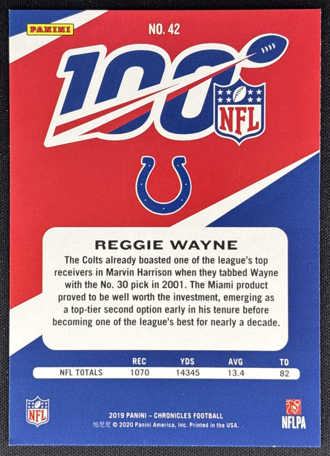 Reggie Wayne 2019 Panini Chronicles NFL 100 Red Colts Back