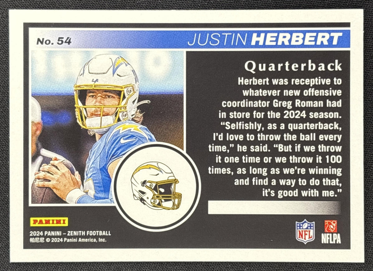 Justin Herbert 2024 Panini Zenith 1st Prospect Down /100 Chargers