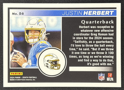Justin Herbert 2024 Panini Zenith 1st Prospect Down /100 Chargers
