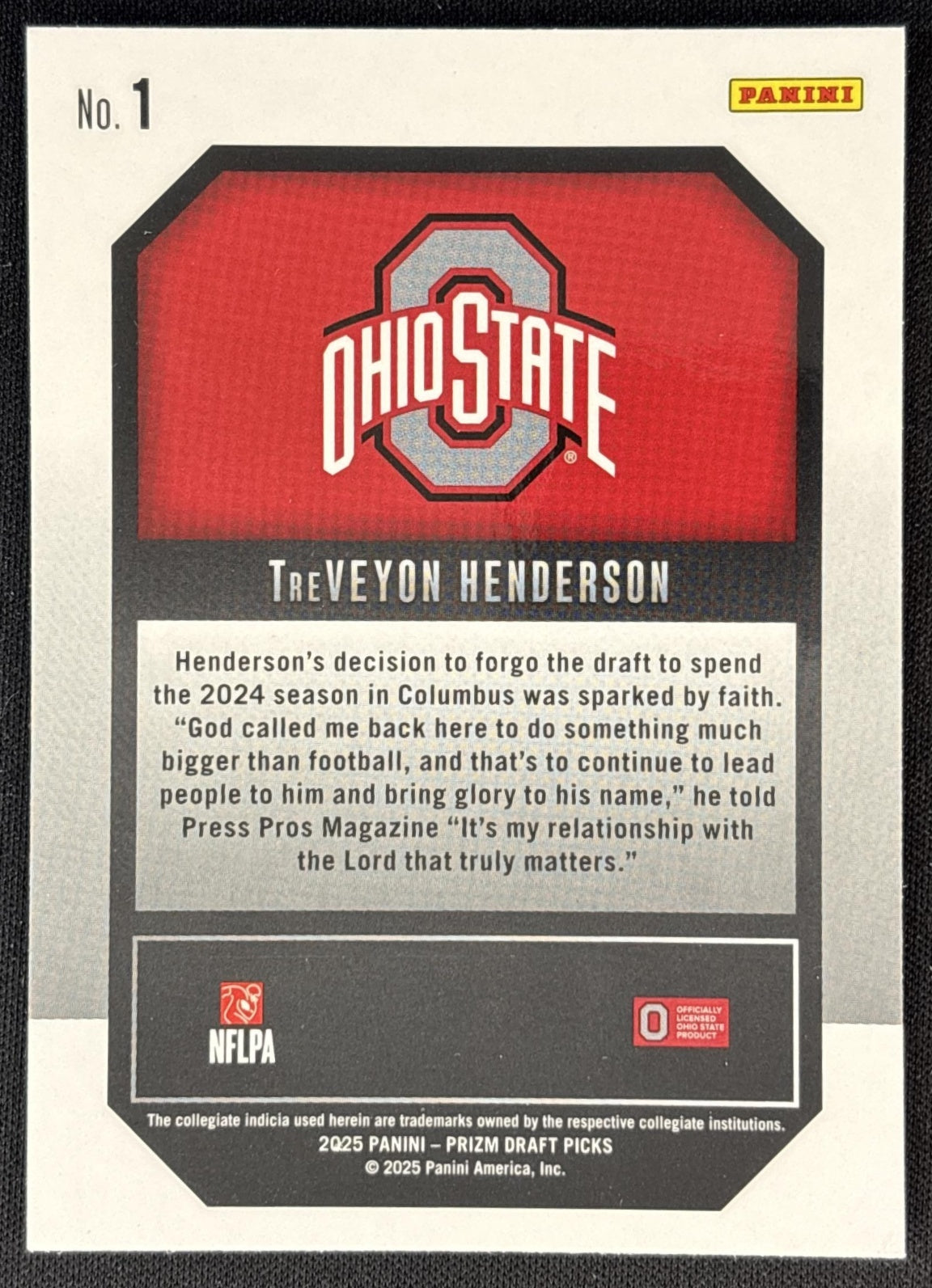 TreVeyon Henderson 2025 Panini Prizm Draft Picks New Recruits Buckeyes back