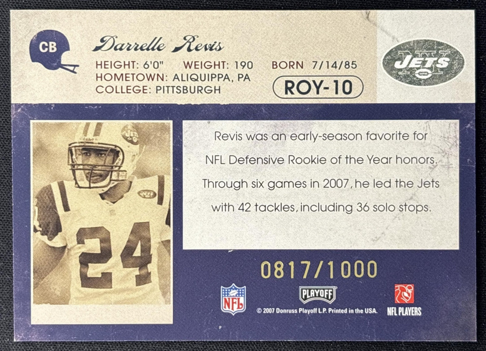 Darrelle Revis 2007 Donruss Contenders Rookie of the Year /1000 Jets back