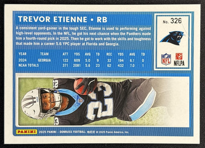 Trevor Etienne 2025 Panini Donruss Rated Rookie Press Proof Blue Panthers back