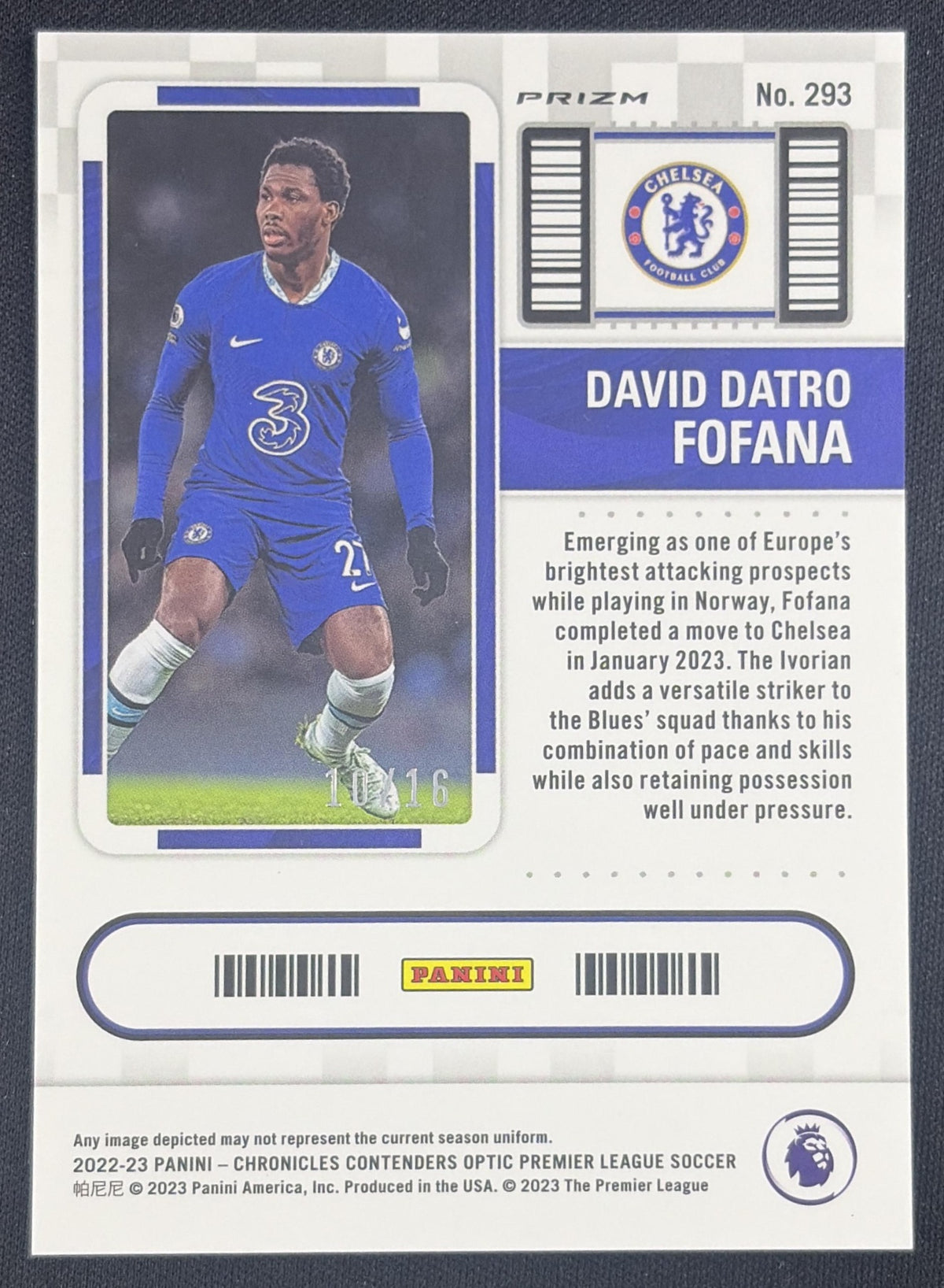 David Datro Fofana 2022 Panini Chronicles Contenders Optic Rookie Ticket Premier League Blue Mojo /16 Chelsea Sports Trading Card
