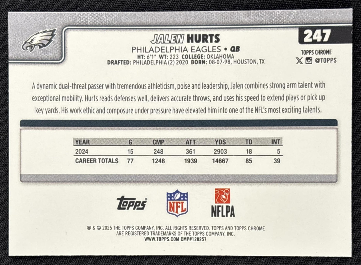 Jalen Hurts 2025 Topps Chrome Teal Refractor /299 Eagles