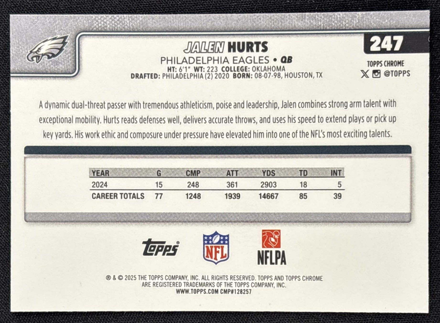 Jalen Hurts 2025 Topps Chrome Teal Refractor /299 Eagles
