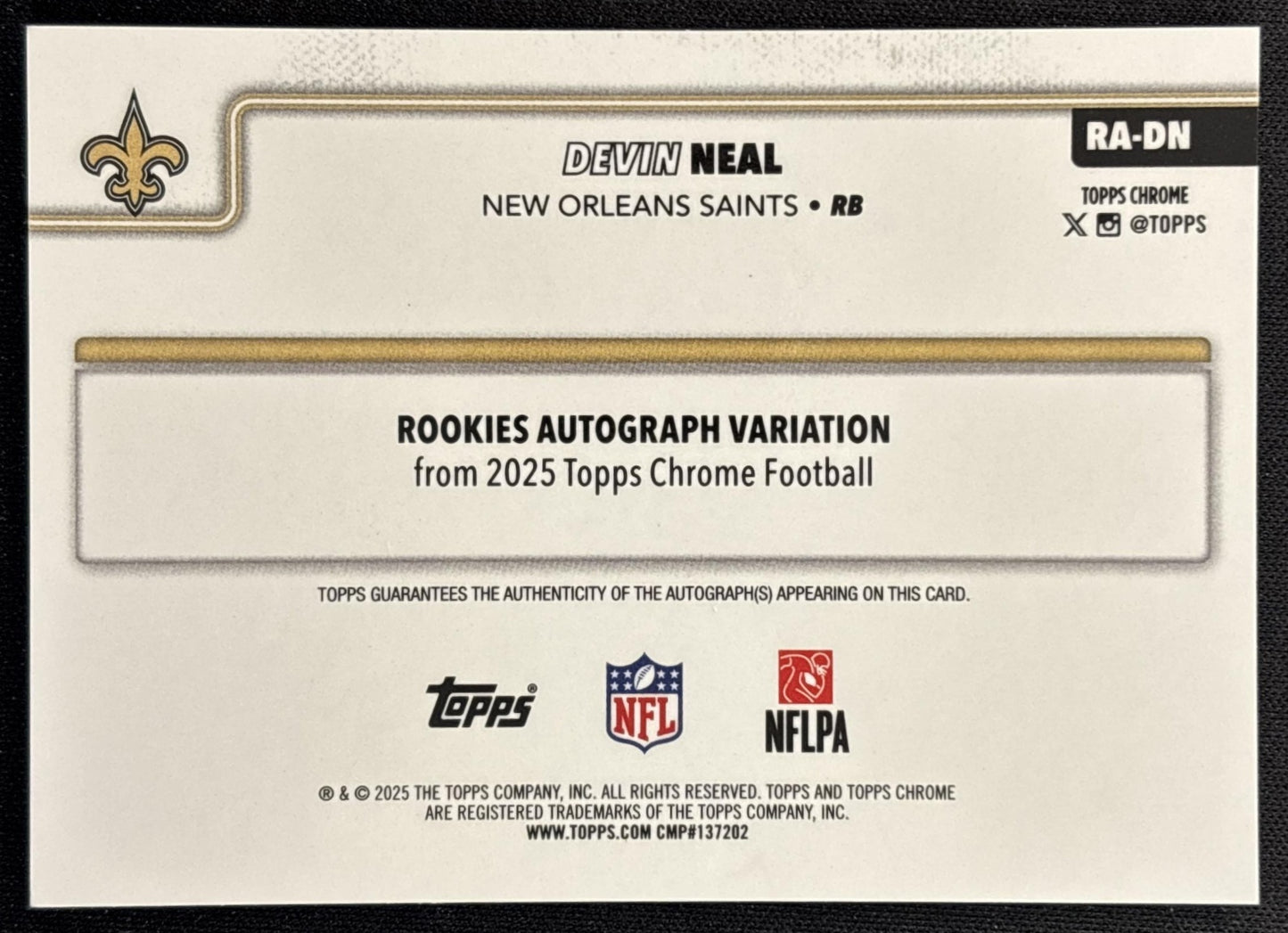Devin Neal 2025 Topps Chrome Rookie Auto Pink Refractor /250 Saints back