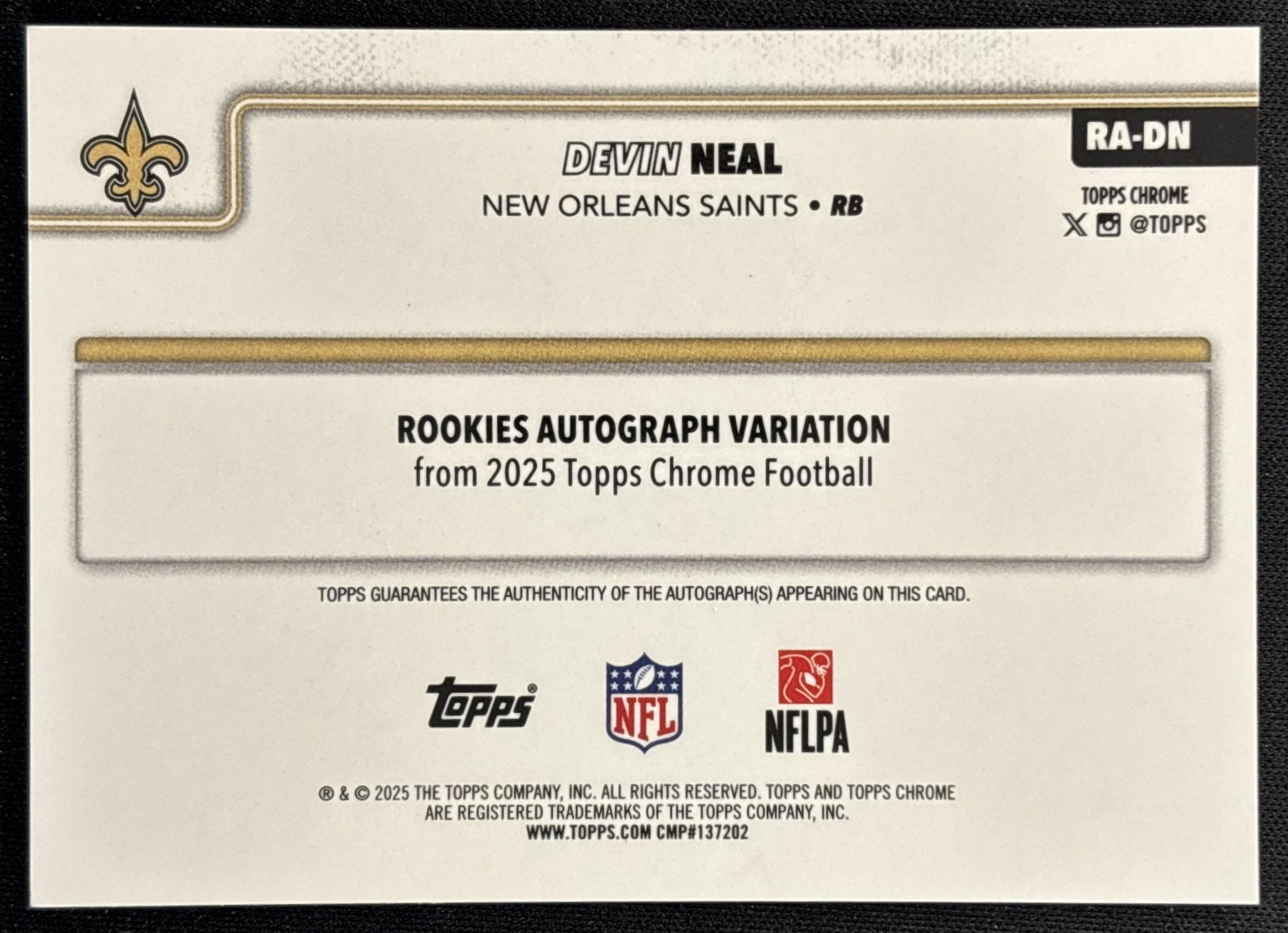 Devin Neal 2025 Topps Chrome Rookie Auto Pink Refractor /250 Saints back