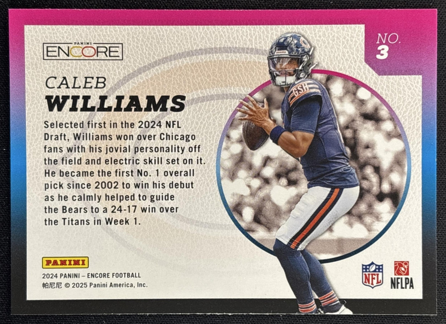 Caleb Williams 2024 Panini Encore Pacific Rookie Aurora Bears back