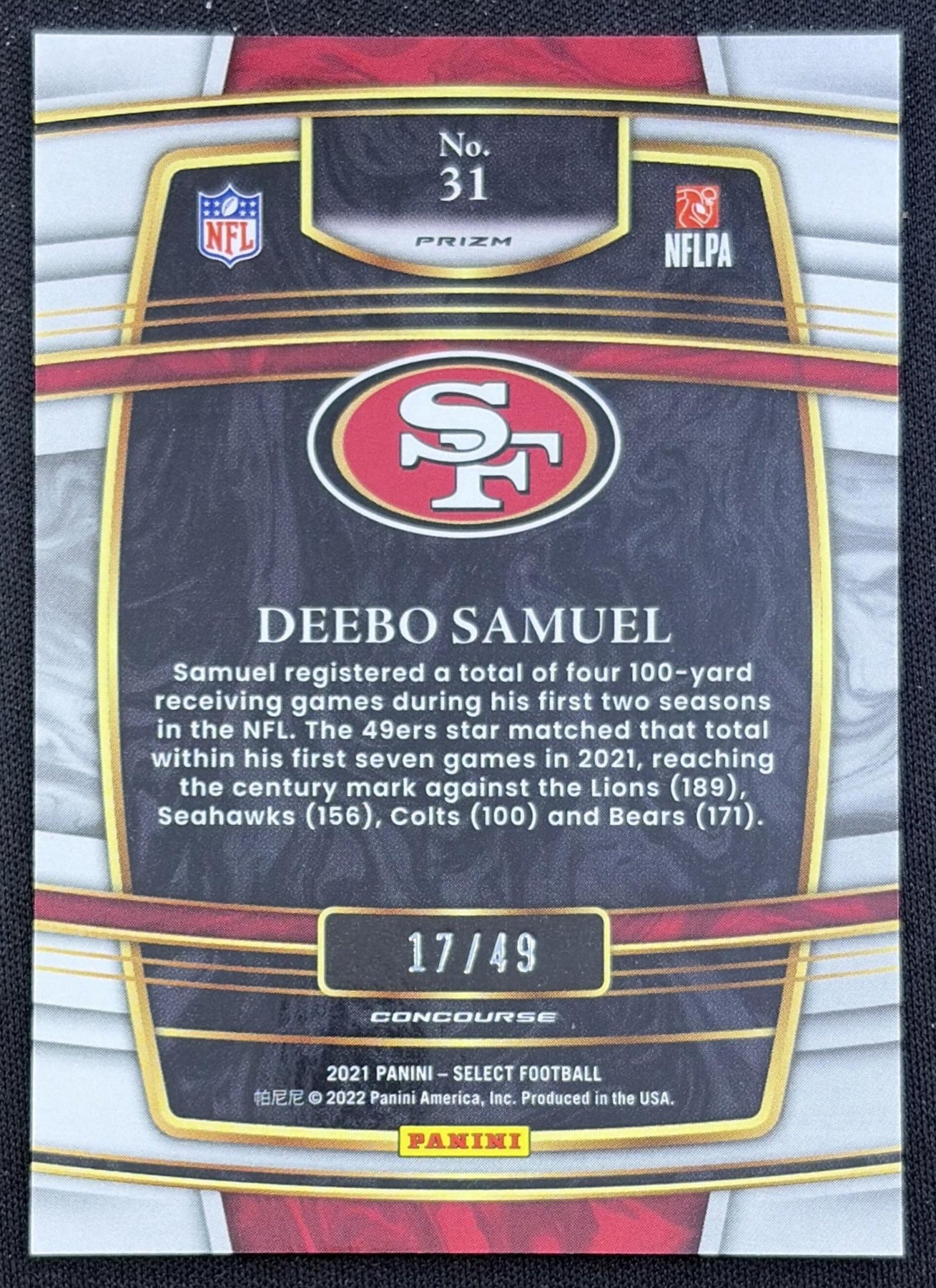 Deebo Samuel 2021 Panini Select Orange Prizm /49 49ers