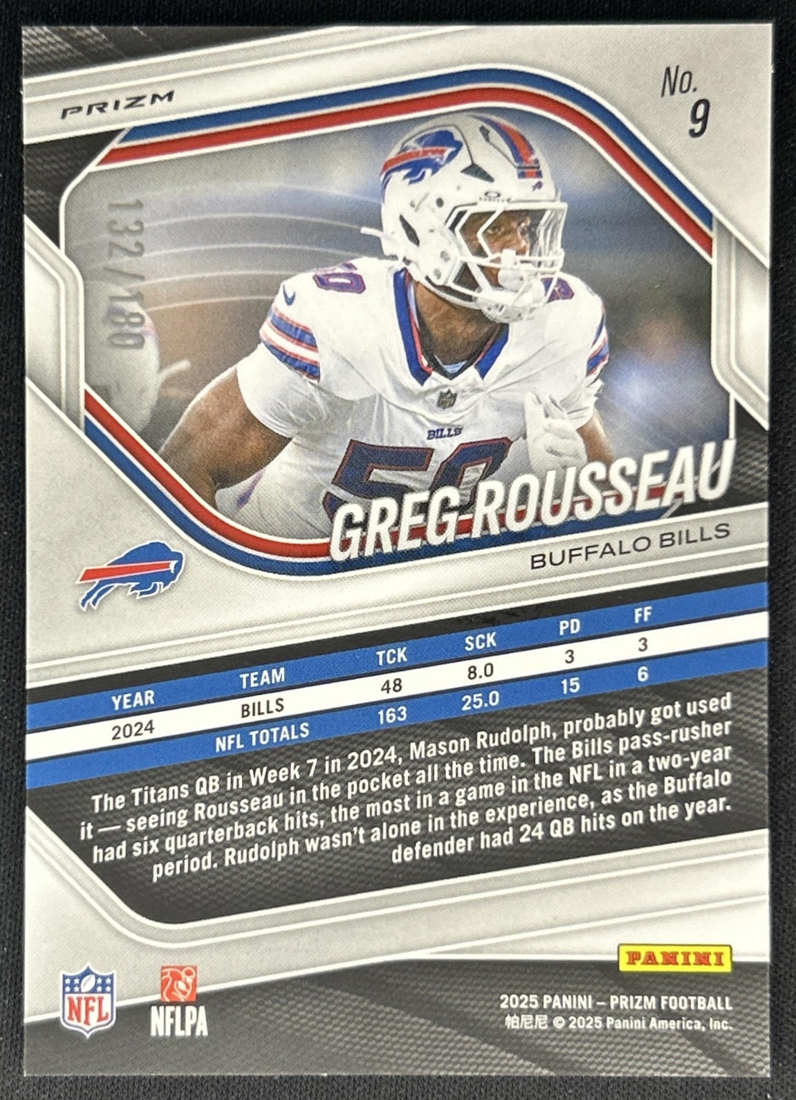 Greg Rousseau 2025 Panini Prizm Pigskin /180 Bills Back
