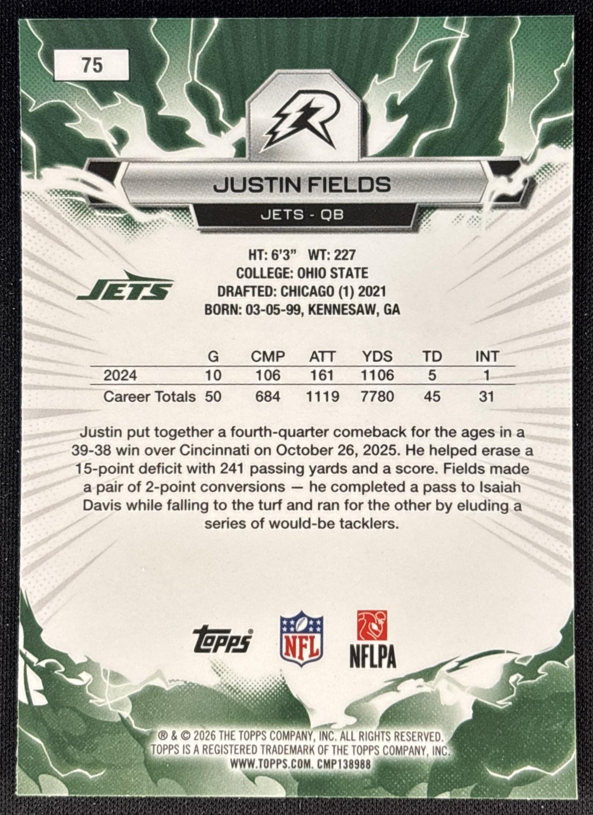 Justin Fields 2025 Topps Resurgence Jets New York Jets back