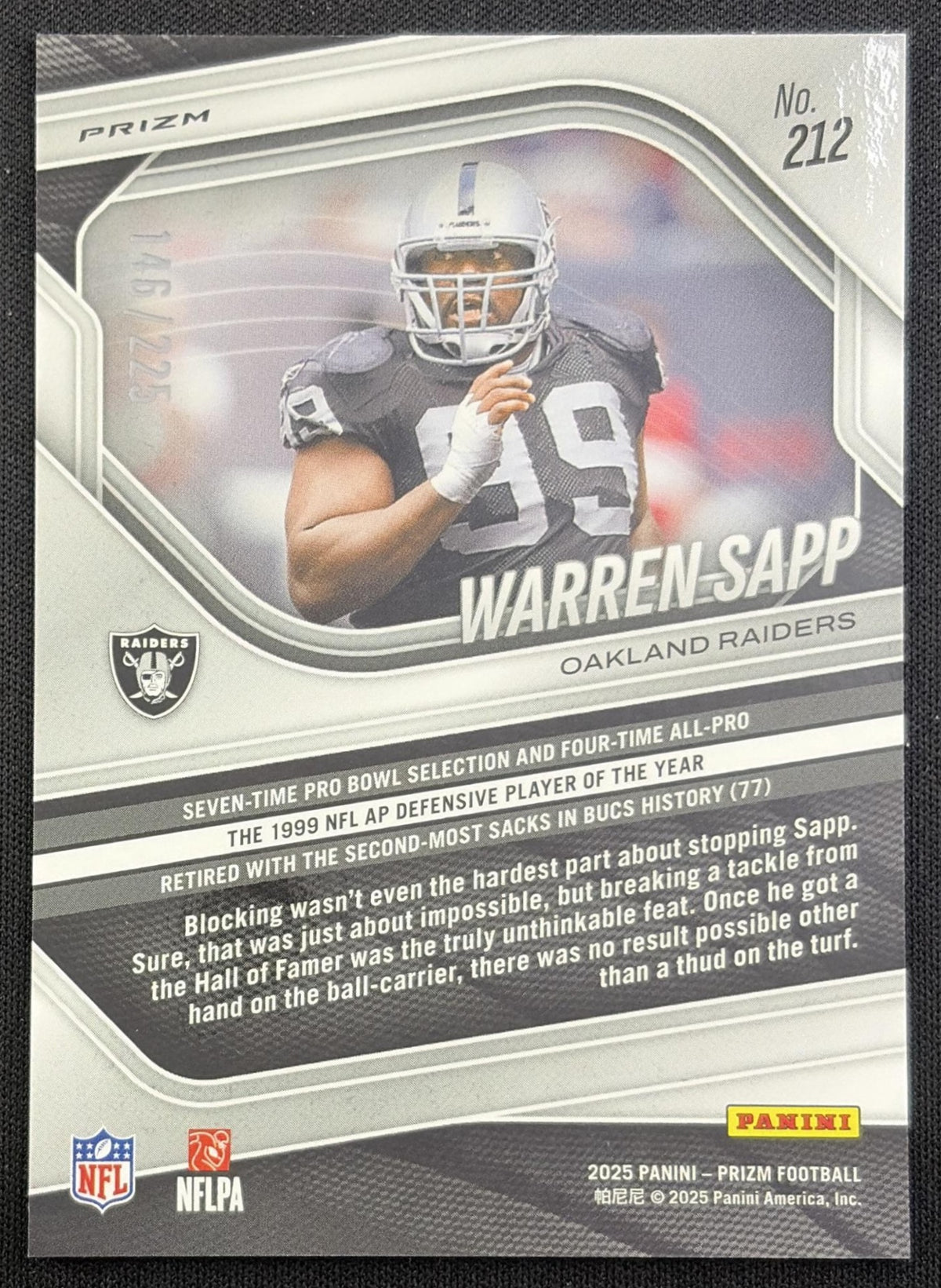 Warren Sapp 2025 Panini Prizm Purple Ice /225 Raiders