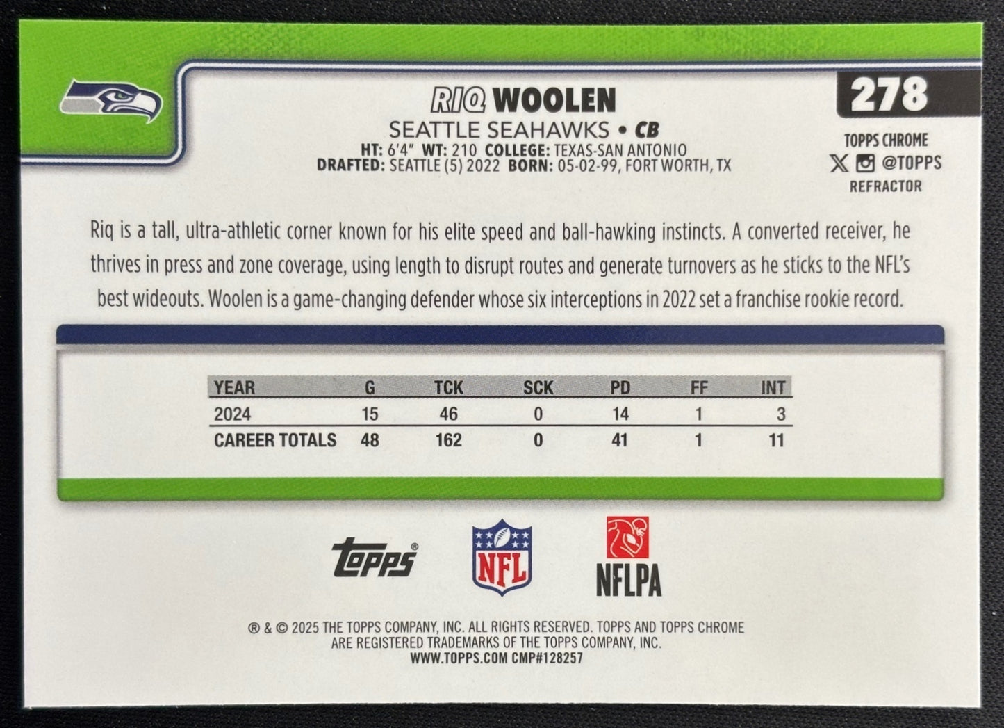 Riq Woolen 2025 Topps Chrome Refractor Seahawks Sports Trading Cards