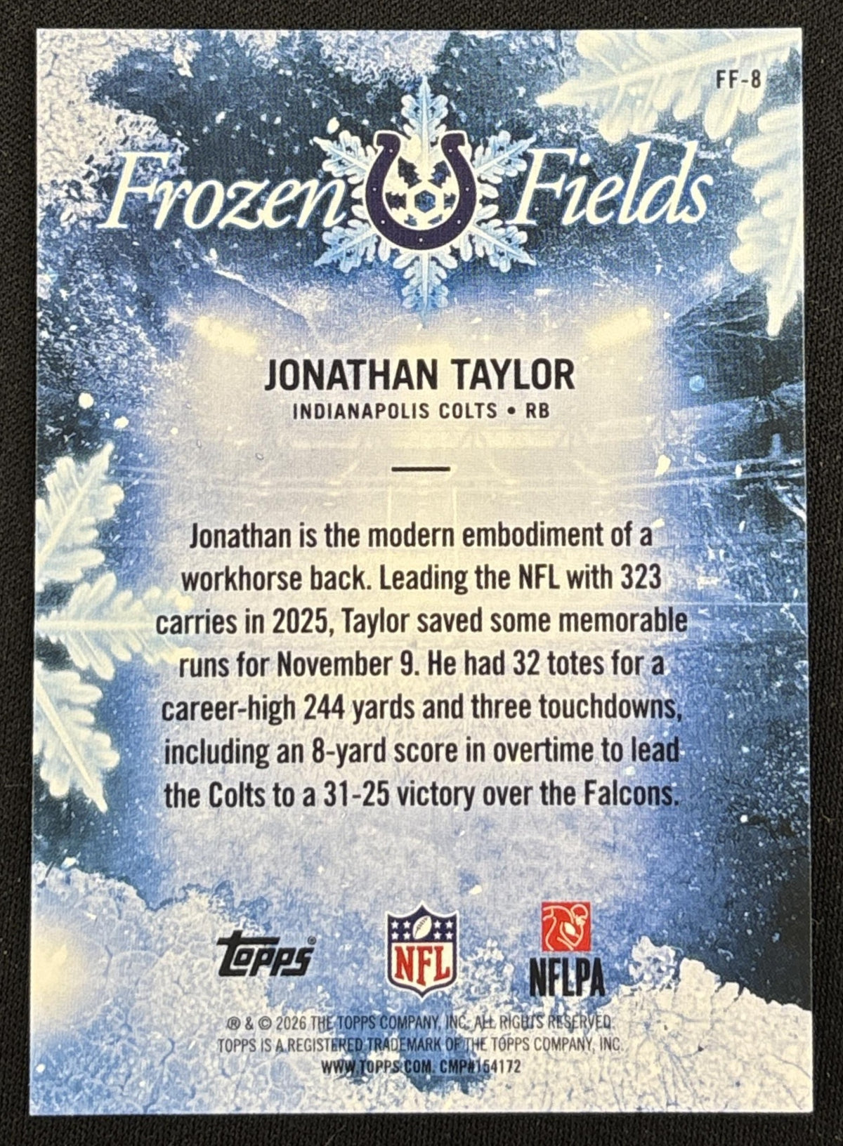 Jonathan Taylor 2026 Topps Holiday Frozen Fields Colts - back
