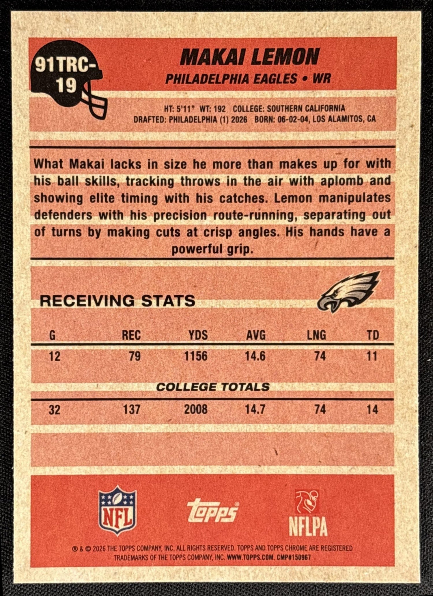 Makai Lemon 2026 Topps 1991 Chrome Rookie Mojo Refractor Eagles - back