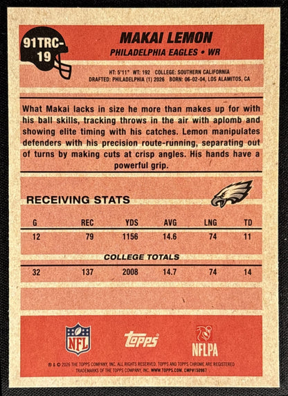 Makai Lemon 2026 Topps 1991 Chrome Rookie Mojo Refractor Eagles - back